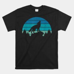 Blue Retro Wolf Forest Print Wild Animal Wilderness Wolves Unisex T-Shirt