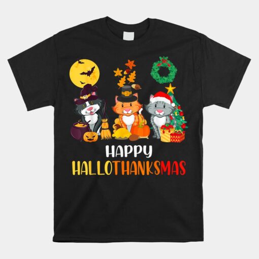 Cat Halloween Christmas Happy Hallothanksmas Thanksgiving Unisex T-Shirt