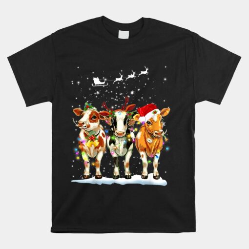 Cow Reindeer Santa Hat Christmas Light Funny Cows Unisex T-Shirt