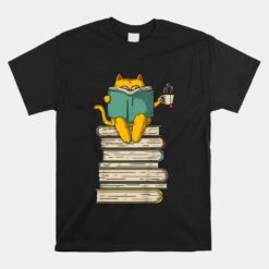 Funny Book And Tea Reading Cat Unisex T-Shirt