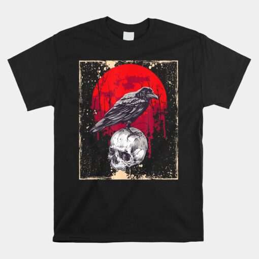 Gothic Raven Skull Red Moon Black Crow Unisex T-Shirt