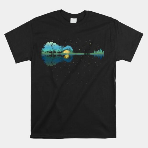 Guitar Lake Reflections Night Sky And Moon Guitar Unisex T-Shirt