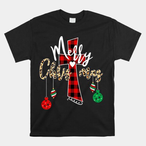 Merry Christmas God Cross Christian Buffalo Plaid And Leopard Unisex T-Shirt