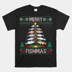 Merry Fishmas Ugly Sweater Fish Fishing Rod Christmas Tree Unisex T-Shirt