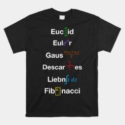 Nerdy Euclid Euler Gauss Descartes Leibniz Fibonacci Math Unisex T-Shirt