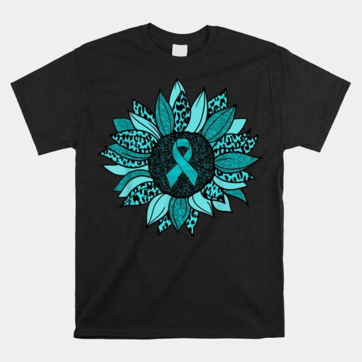 Ovarian Cancer Awareness Sunflower Teal Ribbon Leopard Unisex T-Shirt