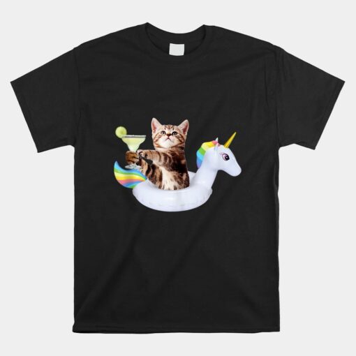 Summer Kitty With Margarita And Unicorn Float Funny Cat Unisex T-Shirt