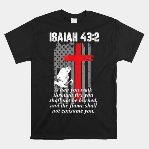 Thin Red Line Firefighter Cross Bible Verse American Flag Unisex T-Shirt