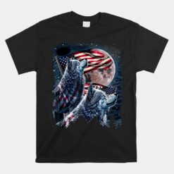 Wolf American Flag Howling Wolves Under Moon Unisex T-Shirt